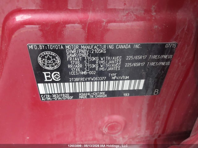 2T3BFREV1FW363377 Toyota RAV4 LE