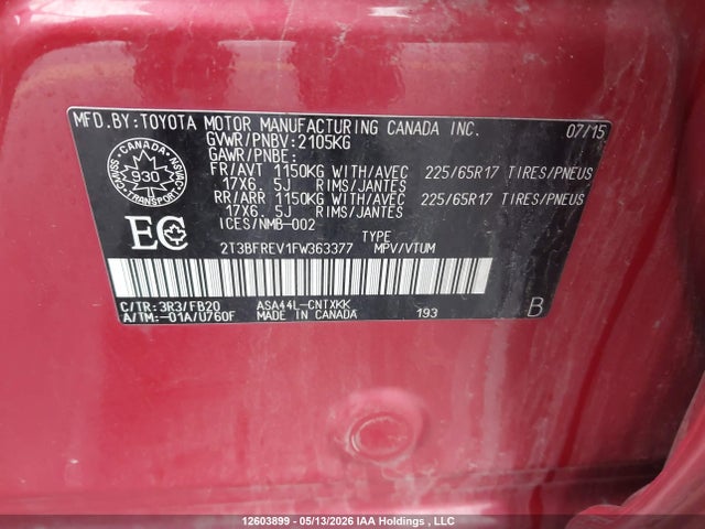 2T3BFREV1FW363377 Toyota RAV4 LE