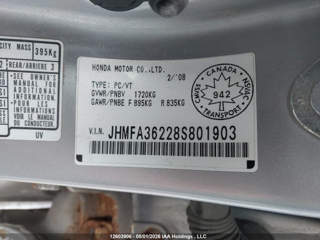 Aukcja sprzedaży 2008 Honda Civic, vin: JHMFA36228S801903, numer aukcji: 12603906