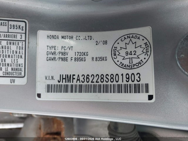 Aukcja sprzedaży 2008 Honda Civic, vin: JHMFA36228S801903, numer aukcji: 12603906