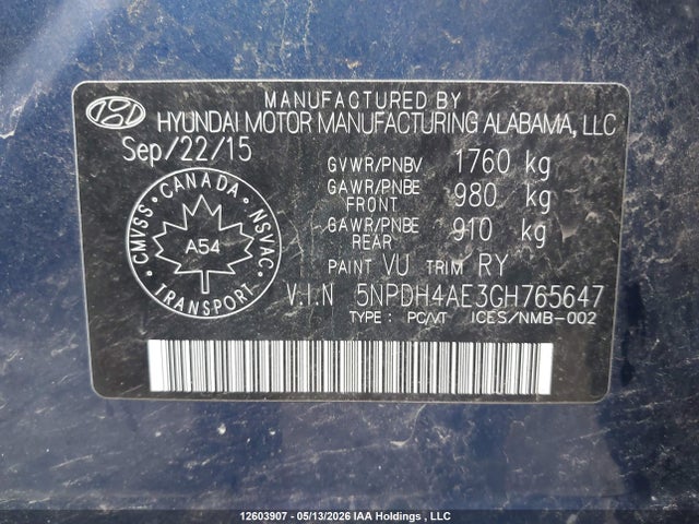 Aukcja sprzedaży 2016 Hyundai Elantra Gl, vin: 5NPDH4AE3GH765647, numer aukcji: 12603907