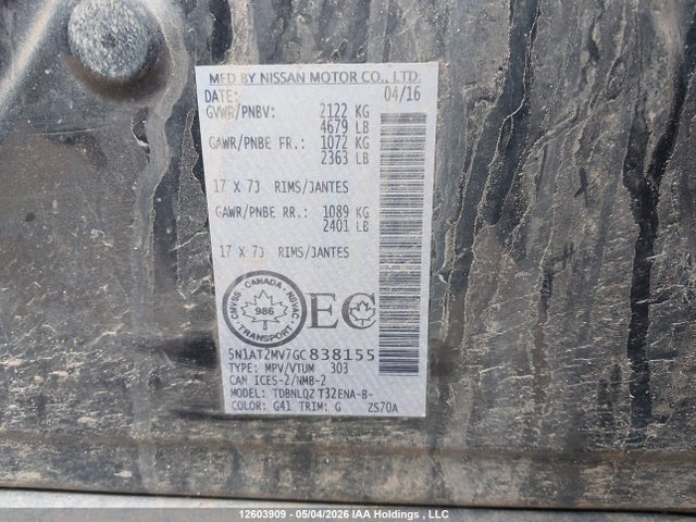 5N1AT2MV7GC838155 Nissan Rogue S/sl Premium/sv