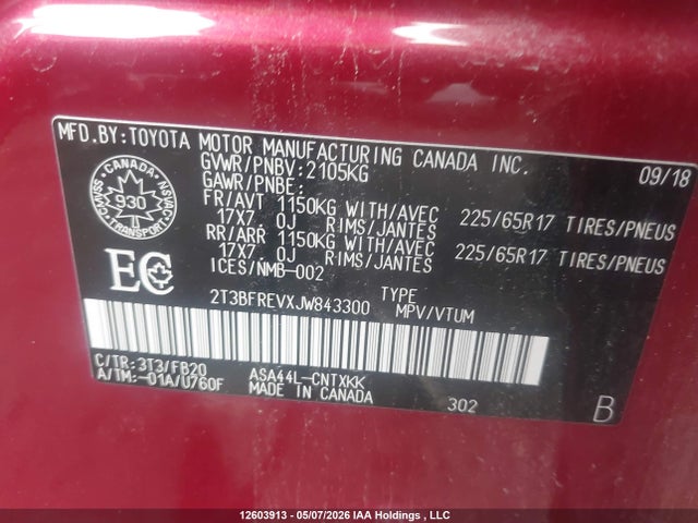 12603913 :رقم المزاد ، 2T3BFREVXJW843300 vin ، 2018 Toyota Rav4 مزاد بيع