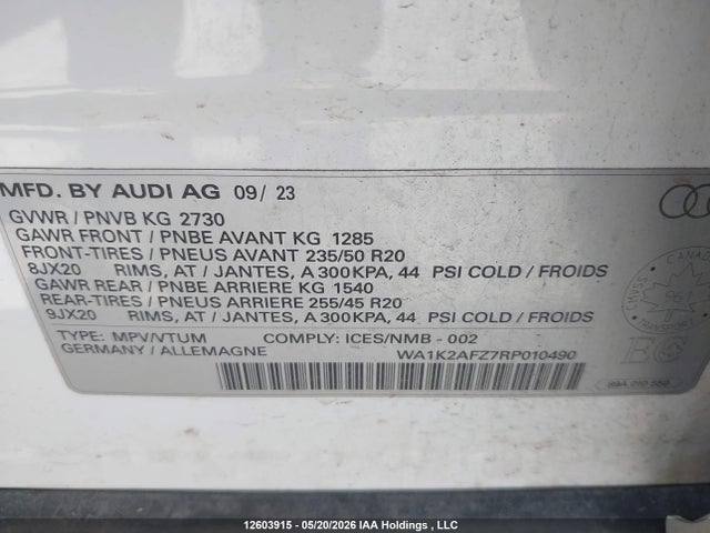 2024 Audi Q4 E-tron მანქანა იყიდება აუქციონზე, vin: WA1K2AFZ7RP010490, აუქციონის ნომერი: 12603915