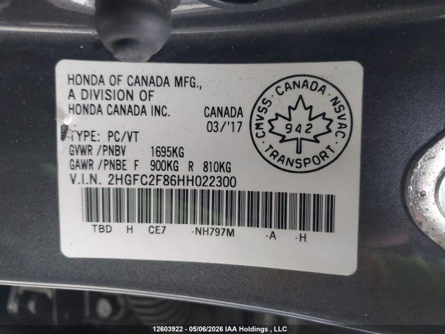 Продажа на аукционе авто 2017 Honda Civic Ex, vin: 2HGFC2F86HH022300, номер лота: 12603922