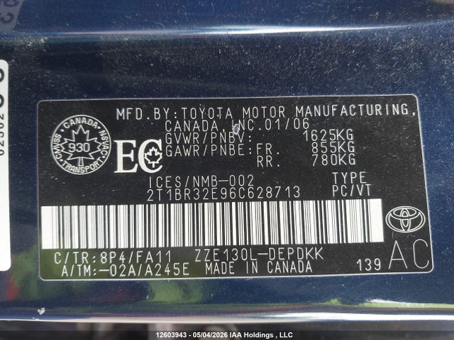 12603943 :رقم المزاد ، 2T1BR32E96C628713 vin ، 2006 Toyota Corolla Ce/le/sport مزاد بيع
