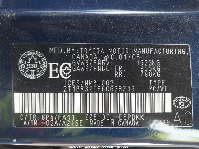 12603943 :رقم المزاد ، 2T1BR32E96C628713 vin ، 2006 Toyota Corolla Ce/le/sport مزاد بيع