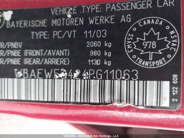 12603955 :رقم المزاد ، WBAEW53424PG11063 vin ، 2004 Bmw 330xi مزاد بيع