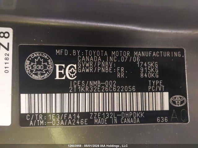 Продажа на аукционе авто 2006 Toyota Corolla Matrix Xr, vin: 2T1KR32E26C622056, номер лота: 12603958