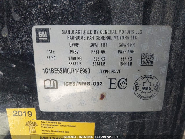 2018 Chevrolet Cruze მანქანა იყიდება აუქციონზე, vin: 1G1BE5SM0J7146990, აუქციონის ნომერი: 12603960