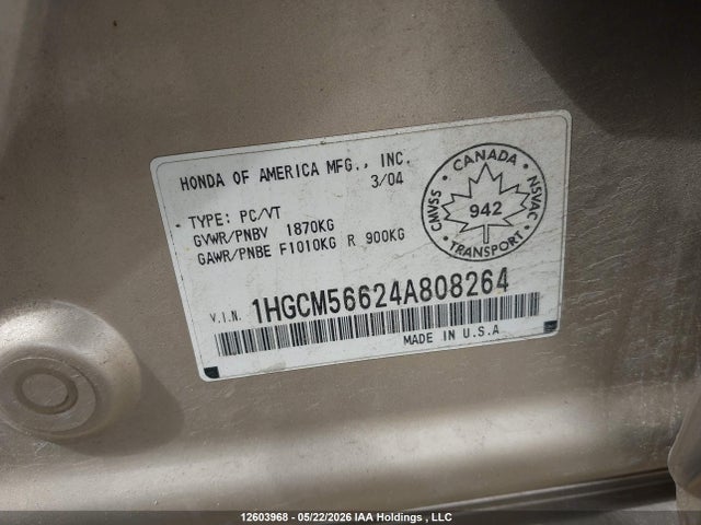 Продажа на аукционе авто 2004 Honda Accord, vin: 1HGCM56624A808264, номер лота: 12603968