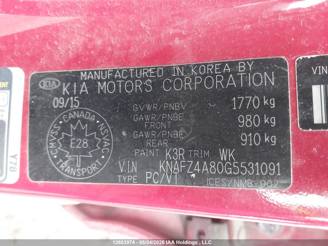 2016 Kia Forte 2.0l Ex/2.0l Ex Se/2.0l Sx მანქანა იყიდება აუქციონზე, vin: KNAFZ4A80G5531091, აუქციონის ნომერი: 12603974