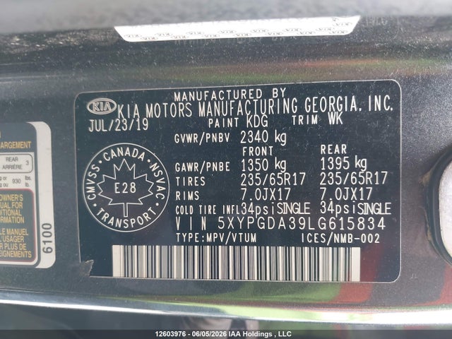 Aukcja sprzedaży 2020 Kia Sorento L/lx, vin: 5XYPGDA39LG615834, numer aukcji: 12603976