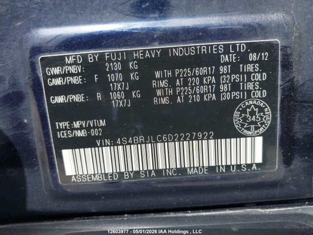 Aukcja sprzedaży 2013 Subaru Outback 3.6r Limited Package, vin: 4S4BRJLC6D2227922, numer aukcji: 12603977
