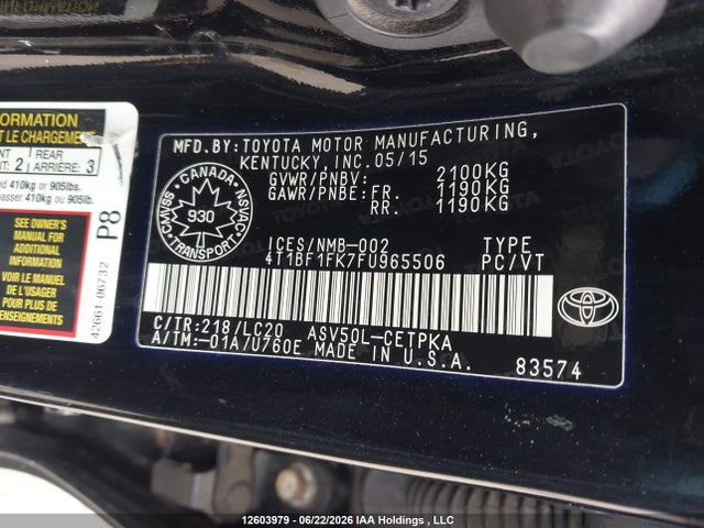 2015 Toyota Camry Le/xle/se/xse მანქანა იყიდება აუქციონზე, vin: 4T1BF1FK7FU965506, აუქციონის ნომერი: 12603979