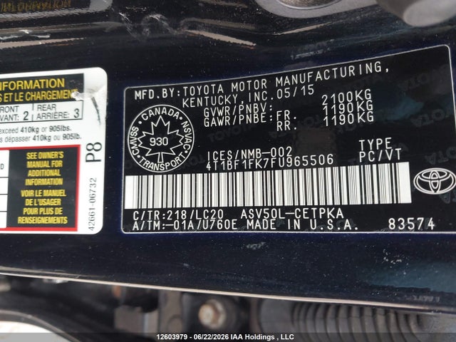 2015 Toyota Camry Le/xle/se/xse მანქანა იყიდება აუქციონზე, vin: 4T1BF1FK7FU965506, აუქციონის ნომერი: 12603979