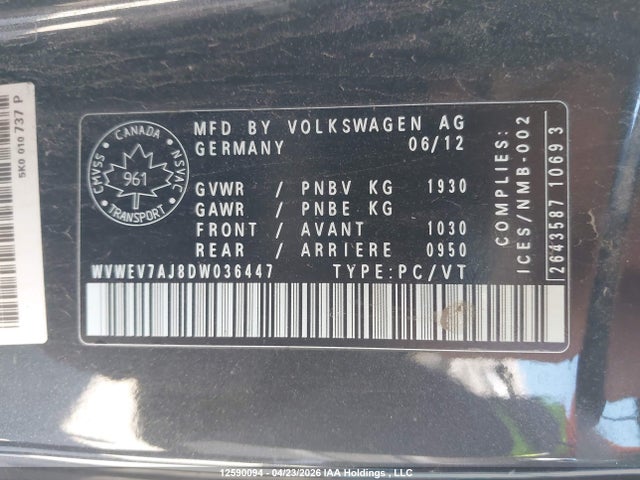 12590094 :رقم المزاد ، WVWEV7AJ8DW036447 vin ، 2013 Volkswagen Golf Gti 3-door مزاد بيع