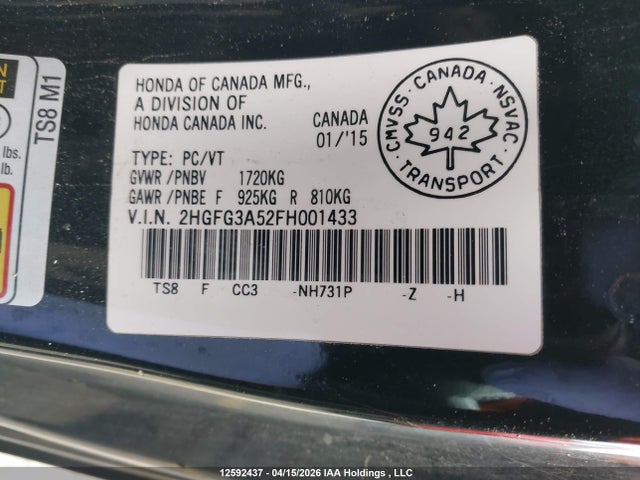 12592437 :رقم المزاد ، 2HGFG3A52FH001433 vin ، 2015 Honda Civic Ex مزاد بيع