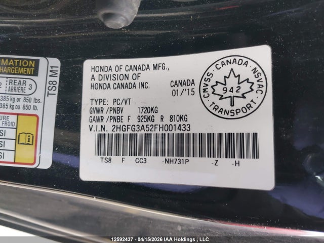 12592437 :رقم المزاد ، 2HGFG3A52FH001433 vin ، 2015 Honda Civic Ex مزاد بيع