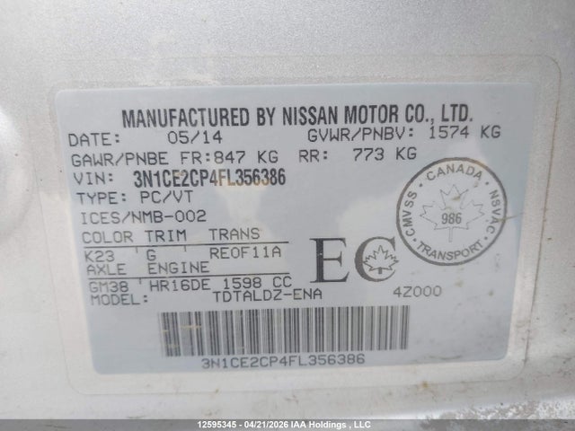 Продажа на аукционе авто 2015 Nissan Versa Note 1.6 S/1.6 Sl/1.6 Sr/1.6 Sv, vin: 3N1CE2CP4FL356386, номер лота: 12595345