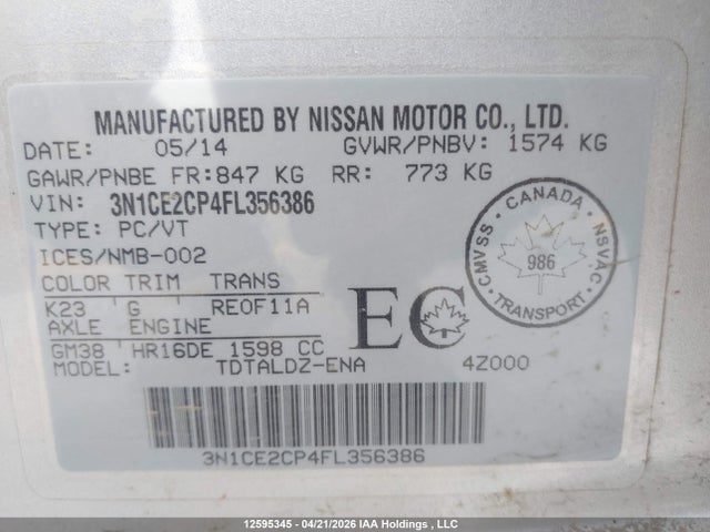 Продажа на аукционе авто 2015 Nissan Versa Note 1.6 S/1.6 Sl/1.6 Sr/1.6 Sv, vin: 3N1CE2CP4FL356386, номер лота: 12595345
