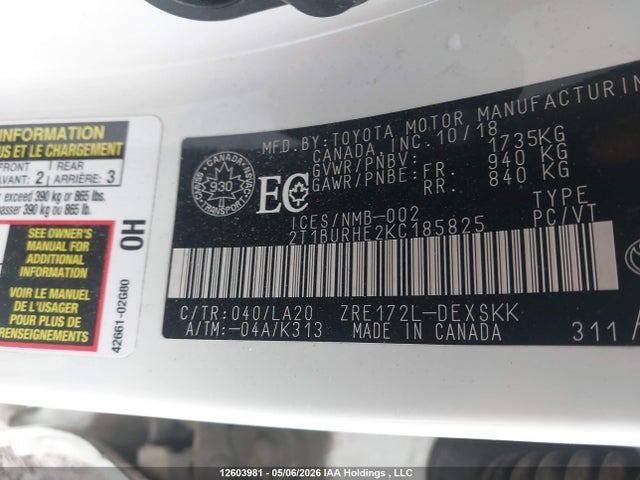 12603981 :رقم المزاد ، 2T1BURHE2KC185825 vin ، 2019 Toyota Corolla L/le/xle/se/xse مزاد بيع