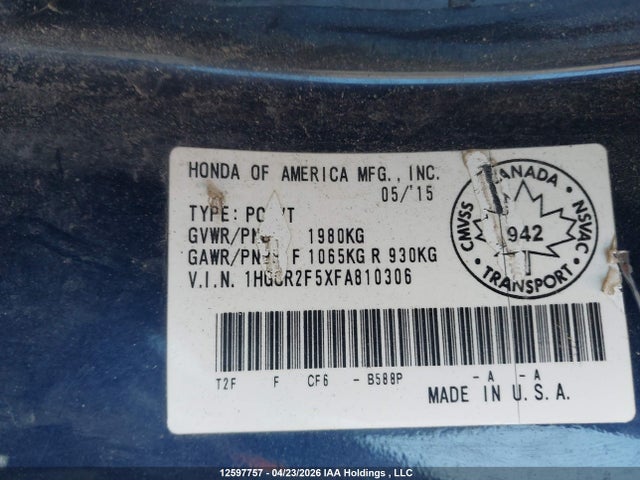 12597757 :رقم المزاد ، 1HGCR2F5XFA810306 vin ، 2015 Honda Accord Sport مزاد بيع