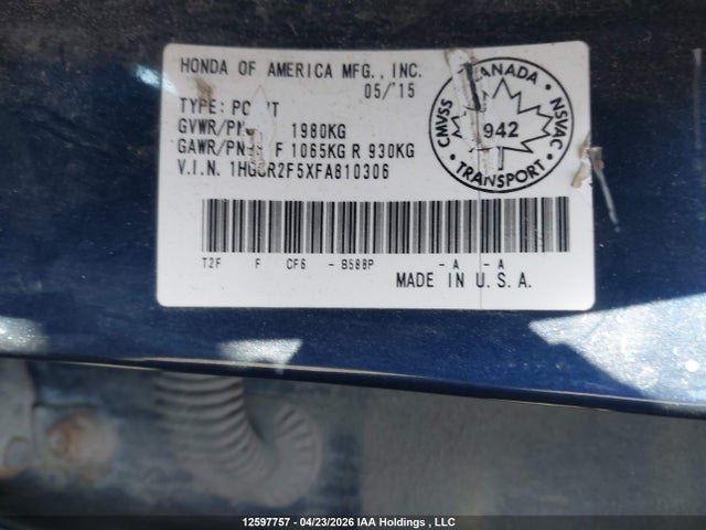 12597757 :رقم المزاد ، 1HGCR2F5XFA810306 vin ، 2015 Honda Accord Sport مزاد بيع
