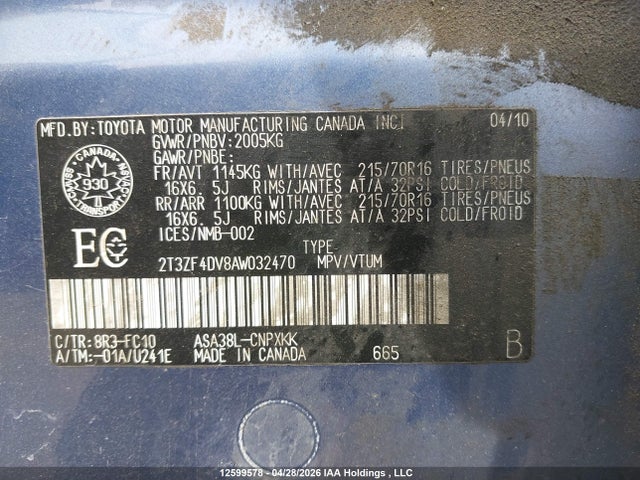 12599578 :رقم المزاد ، 2T3ZF4DV8AW032470 vin ، 2010 Toyota Rav4 مزاد بيع
