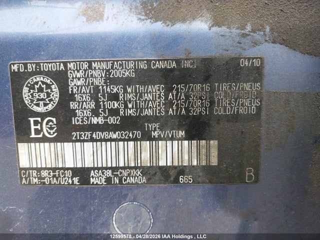 12599578 :رقم المزاد ، 2T3ZF4DV8AW032470 vin ، 2010 Toyota Rav4 مزاد بيع