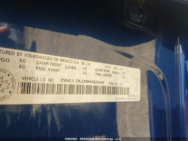 12603982 :رقم المزاد ، 3VWLL7AJXBM082658 vin ، 2011 Volkswagen Jetta Tdi مزاد بيع