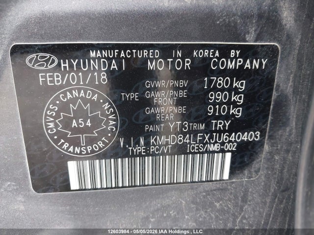KMHD84LFXJU640403 Hyundai ELANTRA GL