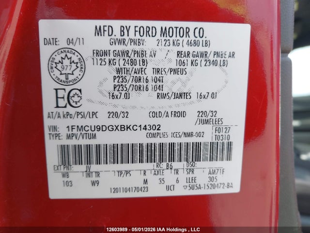 Продаж на аукціоні авто 2011 Ford Escape Xlt, vin: 1FMCU9DGXBKC14302, номер лоту: 12603989
