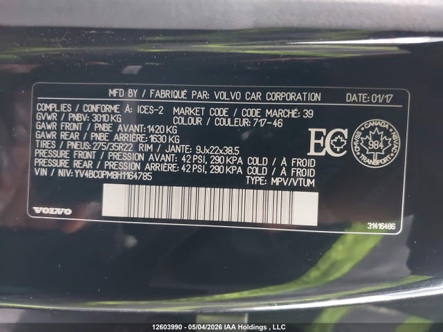 Продаж на аукціоні авто 2017 Volvo Xc90 Hybrid T8 Phev R-design, vin: YV4BC0PM8H1164785, номер лоту: 12603990