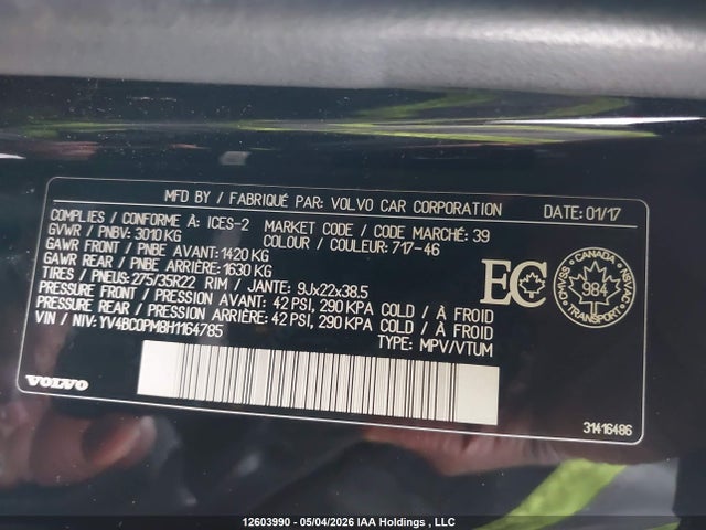 Продаж на аукціоні авто 2017 Volvo Xc90 Hybrid T8 Phev R-design, vin: YV4BC0PM8H1164785, номер лоту: 12603990