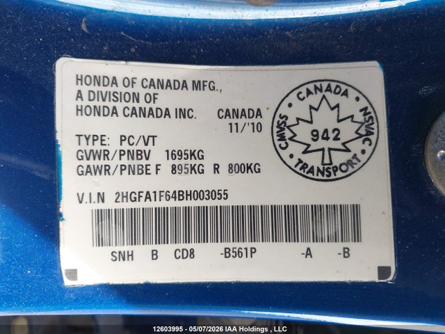 12603995 :رقم المزاد ، 2HGFA1F64BH003055 vin ، 2011 Honda Civic Se مزاد بيع