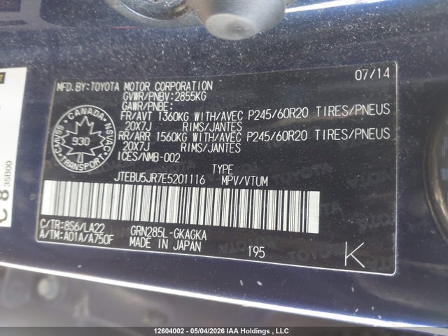 12604002 :رقم المزاد ، JTEBU5JR7E5201116 vin ، 2014 Toyota 4runner Sr5/limited/trail مزاد بيع