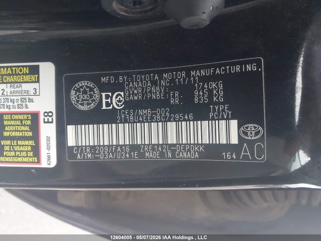 Продаж на аукціоні авто 2011 Toyota Corolla Ce, vin: 2T1BU4EE3BC729546, номер лоту: 12604005