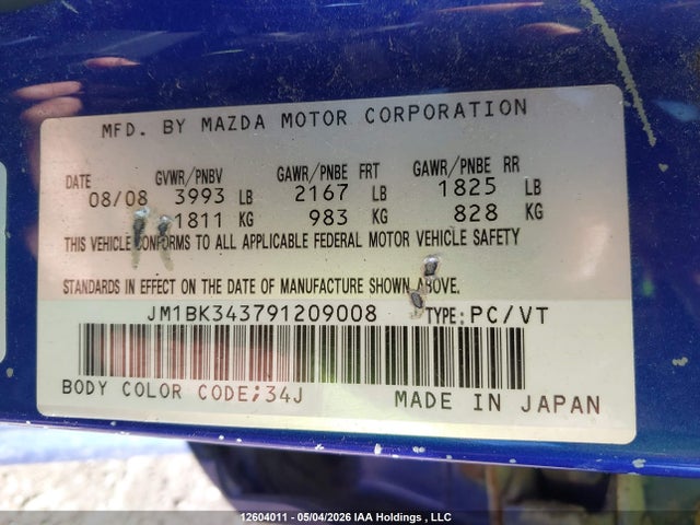 Aukcja sprzedaży 2009 Mazda 3 S, vin: JM1BK343791209008, numer aukcji: 12604011