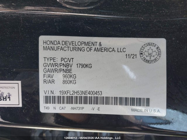 12604012 :رقم المزاد ، 19XFL2H53NE400453 vin ، 2022 Honda Civic Lx مزاد بيع