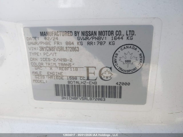 2024 Nissan Versa Sr მანქანა იყიდება აუქციონზე, vin: 3N1CN8FV5RL872063, აუქციონის ნომერი: 12604017