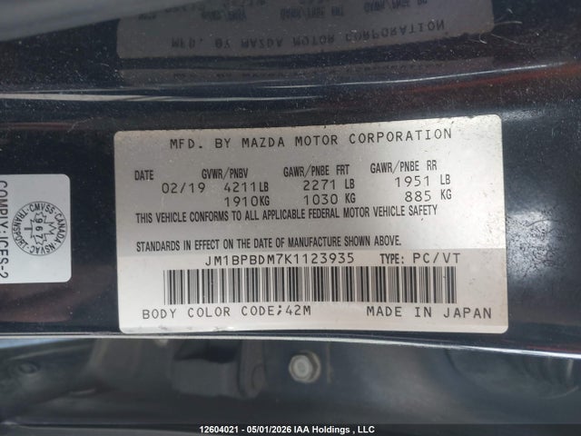 2019 Mazda Mazda3 მანქანა იყიდება აუქციონზე, vin: JM1BPBDM7K1123935, აუქციონის ნომერი: 12604021