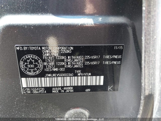 JTMRJREV5GD002360 Toyota Rav4 Hybrid Xle
