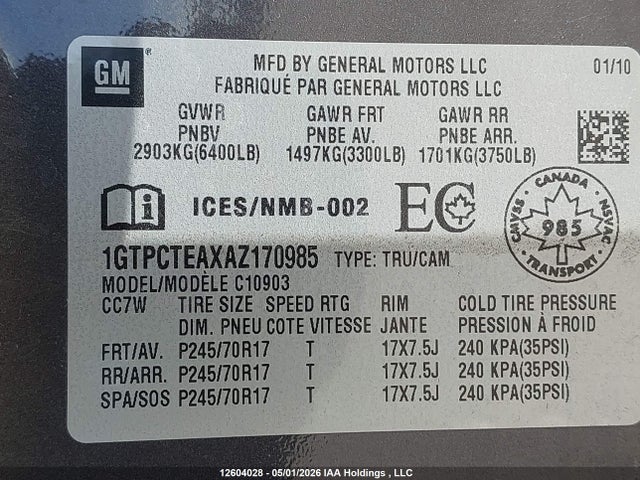 Aukcja sprzedaży 2010 Gmc Sierra C1500, vin: 1GTPCTEAXAZ170985, numer aukcji: 12604028