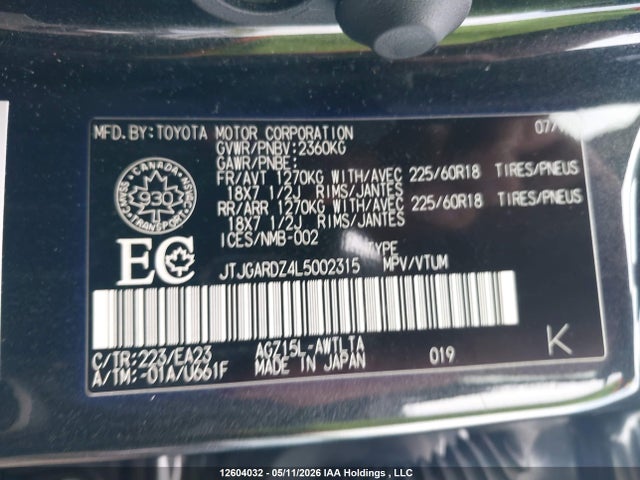 12604032 :رقم المزاد ، JTJGARDZ4L5002315 vin ، 2020 Lexus Nx 300 مزاد بيع