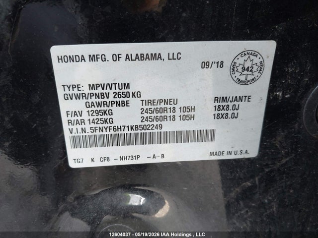 Продажа на аукционе авто 2019 Honda Pilot Ex-l Navi, vin: 5FNYF6H71KB502249, номер лота: 12604037