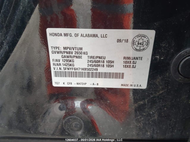 Продажа на аукционе авто 2019 Honda Pilot Ex-l Navi, vin: 5FNYF6H71KB502249, номер лота: 12604037
