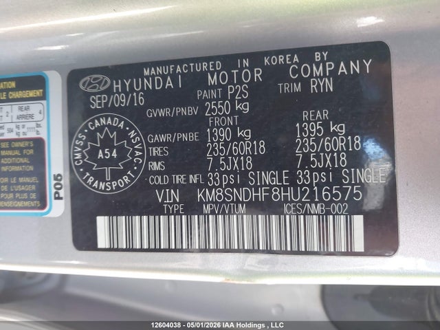 KM8SNDHF8HU216575 Hyundai Santa Fe Se/limited