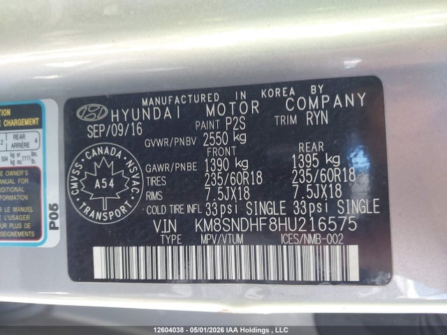 KM8SNDHF8HU216575 Hyundai Santa Fe Se/limited