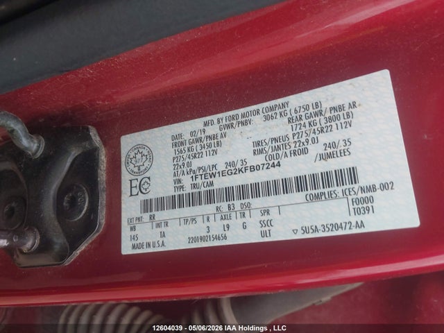 Ford F150 Supercrew 2019 1FTEW1EG2KFB07244 Image 9